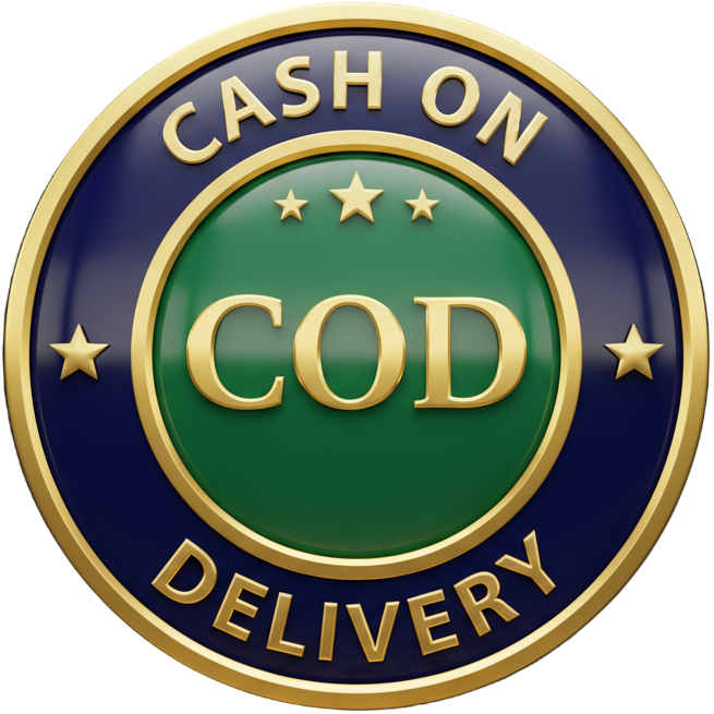 Circular emblem with 'Cash on Delivery' text on a dark background